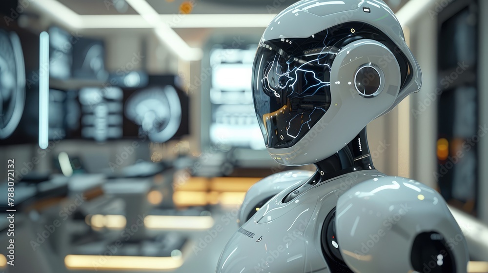 Poster Doctor robot use artificial intelligence software to analyze brain scans. Generative AI.
