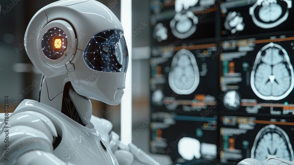 Poster Doctor robot use artificial intelligence software to analyze brain scans. Generative AI.