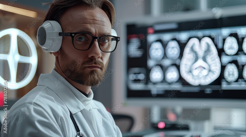 Aufkleber Doctor robot use artificial intelligence software to analyze brain scans. Generative AI.