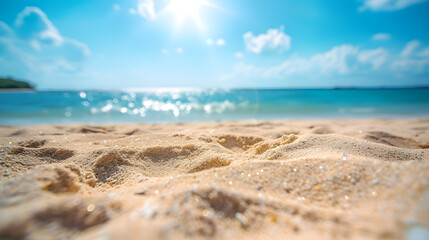 Seaside Serenity: Waves caressing sandy shores under a sunny sky, creating a tranquil coastal scene. Beach Waves and Sea Horizon - obrazy, fototapety, plakaty