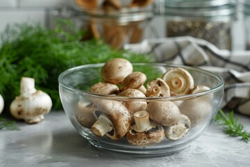 Vegetarian meal of homemade mushrooms in glass bowl on gray table