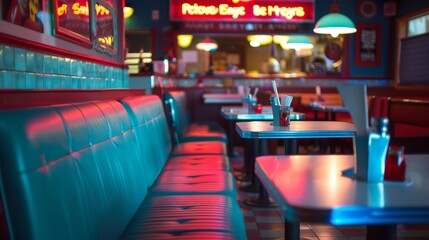 Retro restaurant with vinyl cabinets Table decorated with chrome and a jukebox playing classical music. where customers can enjoy delicious meals and milkshakes.