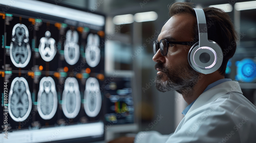 Poster Doctor robot use artificial intelligence software to analyze brain scans. Generative AI.