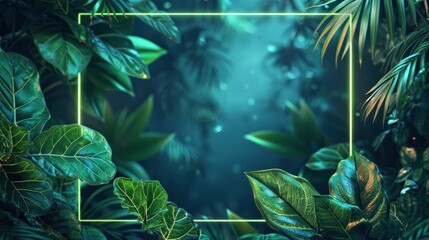 Tropical Plants Illuminated with Green and Blue Fluorescent Light. A neon frame shaped like a diamond surrounds a rainforest environment