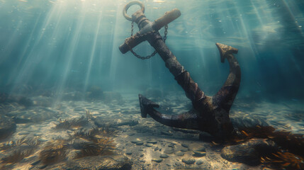 A rusty anchor is sitting on the sand at the bottom of the ocean. The sunlight is shining on it, making it look like a piece of art - obrazy, fototapety, plakaty
