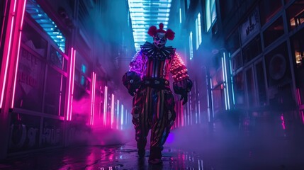 Futuristic Clown in Neon-Lit Urban Nightscape