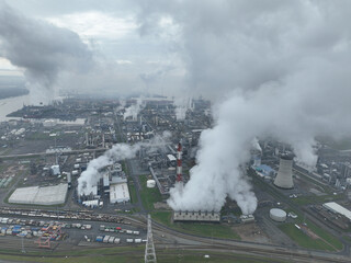 Aerial drone view chemical products production facility in the port of Antwerp, Belgium. Chemical cluster production facilities. Antwerp, Belgium.