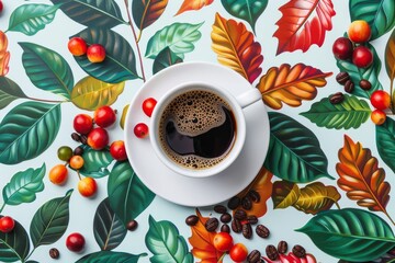 Vibrant pattern with leaves berries and coffee beans along with a coffee cup