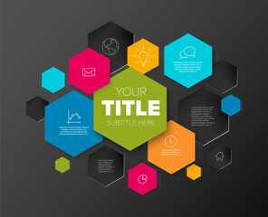 Simple infographic template with various information in hexagon boxes on dark background - 788072763