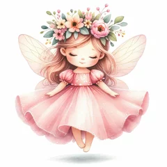 A cute watercolor illustration of a fairy wearing a pink dress and a flower crown.