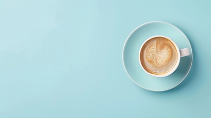 flat lay cup of coffee, light blue background, text and copy space, 16:9 - Powered by Adobe