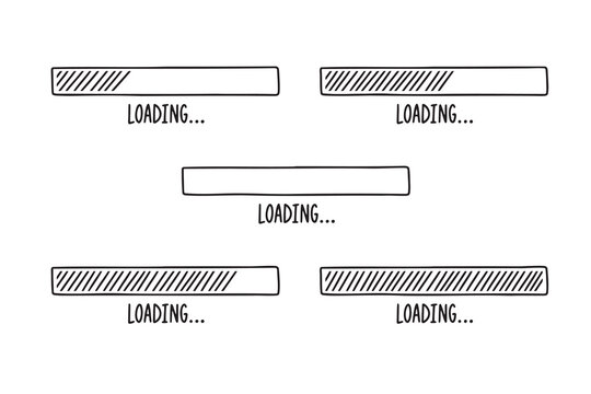 Loading bars drawn hand. Set outline doodle bars with different percent. Cartoon vector loading. 