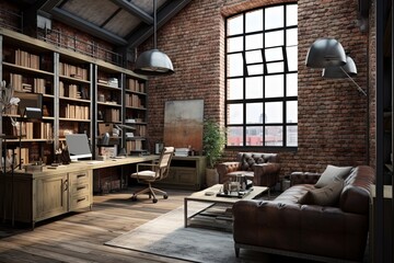 Industrial Style Loft Office: Exposed Brick, Vintage Furniture Emanation