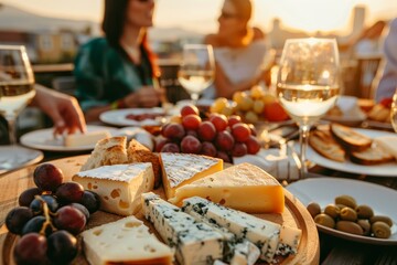 Visitors enjoy cheese and wine at rooftop restaurant during sunset Tables are set with cheese bread and wine for guests