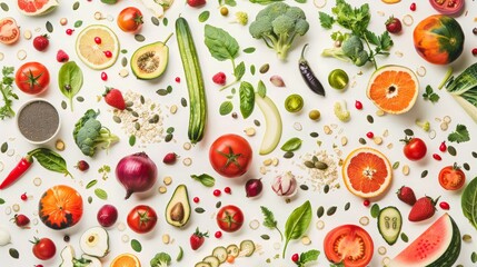 flat lay healthy food,  fruits, vegetables, seeds, superfood, cereal, leaf vegetable, white background, 16:9