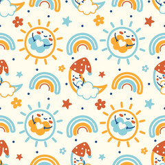 Hand drawn cute sky seamless pattern. Happy doodle sun, rainbow and sleepy baby moon. Funny kid s vector background