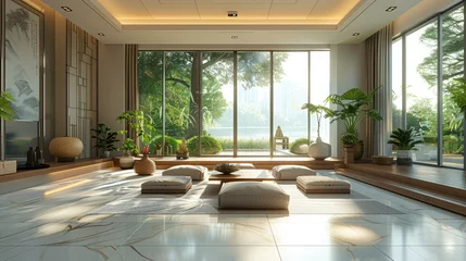  Indoor design, living room perspective, abundant natural light from large windows, light color scheme, plants, modern furniture, Chinese-style interior design. Generative AI. © visoot