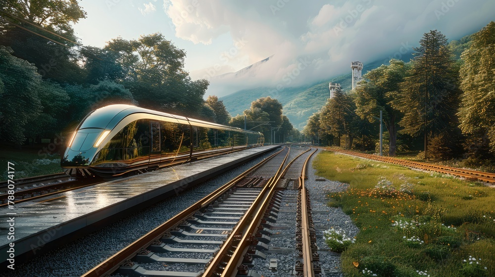 Poster a high-tech railway track amidst a green landscape. the train features sleek design, advanced techno