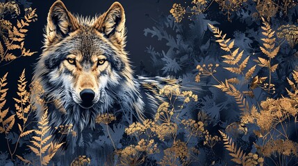 Stunning luxury background with a wolf crafted in fine golden line art, its form blending seamlessly with the delicate woodland details that evoke a serene atmosphere