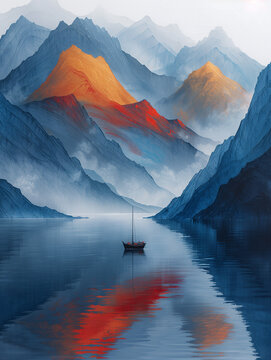 Barca in un lago. Colori del tramonto. Tranquillità