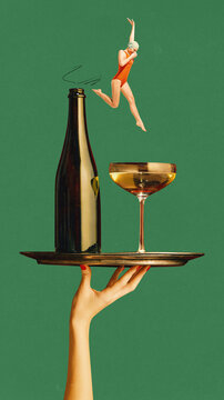 Naklejki Poster. Contemporary art collage. Swimmer jumps from wine bottle diving to cocktail glass against green background. Concept of food and drink, vegetarian, vitamins, energy, nutrition. Ad