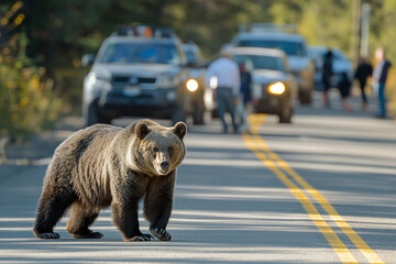A bear ambles across a road at dusk, cars and their headlights paused in the background, a moment where wildlife intersects with human life.