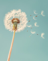 A dandelion head with seeds flying around on light  blue background. Soft pastel colors. Minimal spring idea. Close up