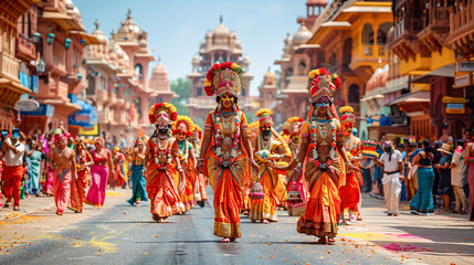 Kathakali dancers walk during the festival. Indian classical dance of Kerala