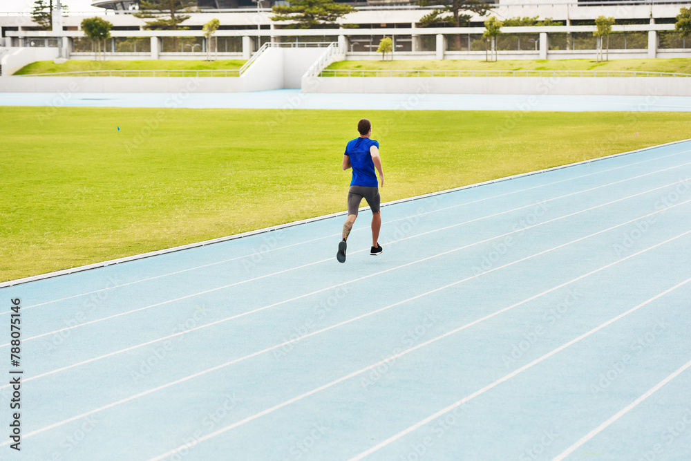 Canvas Prints Back, sports man and running on race track for athletics, fitness or competition training in stadium. Runner, exercise and male person for speed performance, endurance challenge or cardio workout