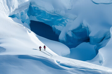 Adventurers with backpacks traverse a deep blue ice cave in a glacier, highlighting the grandeur and danger of alpine exploration.