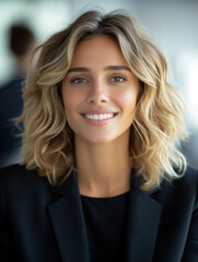 Radiant professional woman in business attire with a welcoming smile.
