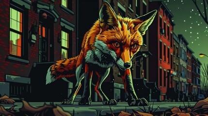 fox, urban and elusive, navigates the shadows of townhouses under the stars
