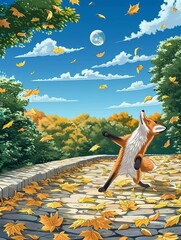 Cute fox with a fondness for swing dancing twirls leaves under the autumn moon