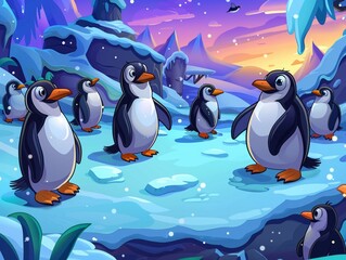 A group of penguins waddle comically on a snowy patch, their black and white tuxedos stark against the icy blue , high detailed