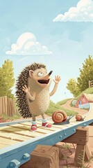 A hedgehog sets up a snail racing track, cheering loudly from the sidelines , Scifi Tone