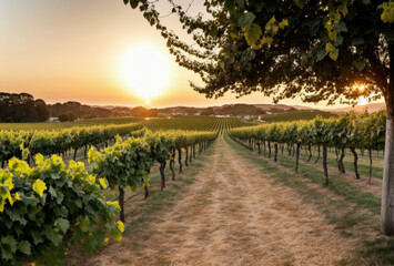 As the sun sets, the vineyard rows are bathed in a warm, golden glow, creating a serene and...