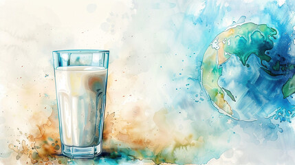  June World Milk Day, glass of milk with earth watercolor art background Products for human health. Healthy food. Copy space. Banner. Mock up, 