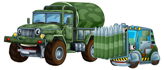 cartoon scene with two military army cars vehicles with forklift theme isolated background illustration for children - 788076331