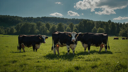 Cows standing on the green field