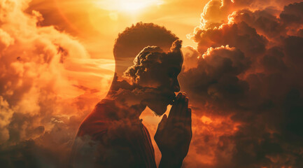 Double exposure, man and prayer with clouds, spiritual and universe with meditation and mindfulness. Person, sky and psychedelic with thoughts or album cover with freedom and galaxy with wellness