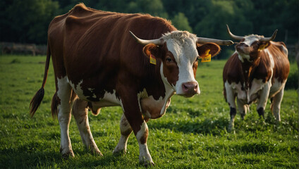 Fototapeta na wymiar Cows standing on the green field