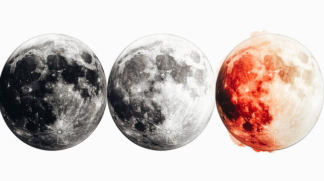 Three different colored moons are shown in a row
