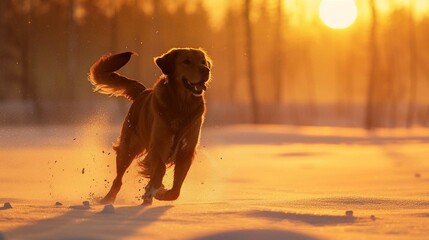 A dog running through a snowy field or forest at sunrise, with its silhouette against the pristine...