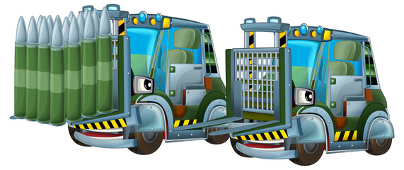 cartoon scene with two military army cars vehicles with forklift theme isolated background illustration for children - 788077133