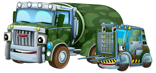 cartoon scene with two military army cars vehicles with forklift theme isolated background illustration for children - 788077172