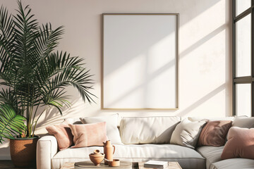 Sunlit living room with framed blank poster with copy space - 788077306