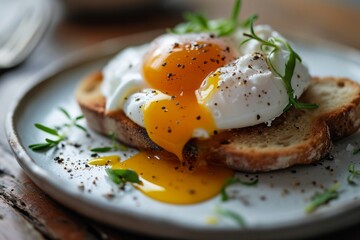 Poached egg sprinkled with herbs and spices on a crispy toaster in a plate. Light and nutritious breakfast.
