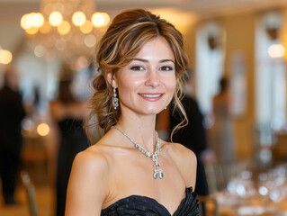 Glamorous woman in black dress attending a luxury event, elegant jewelry adorned - 788077327