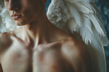 attractive handsome man with a naked torso and white angel wings. close-up cinematic light, archangel, cupid, cherub, divine youth, fictional character