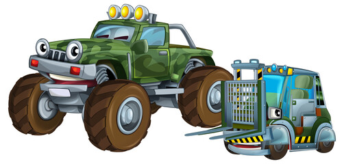 cartoon scene with two military army cars vehicles with forklift theme isolated background illustration for children - 788077528
